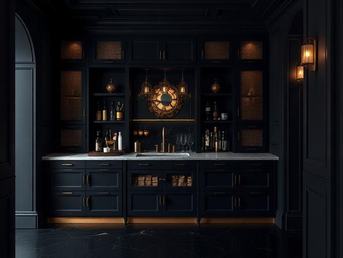 Concept example of a navy wet bar with brass mesh cabinet inserts and a stone counter