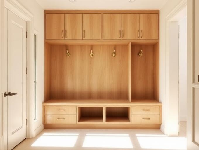 Concept example of light oak mudroom cabinetry with a built-in bench and lockers