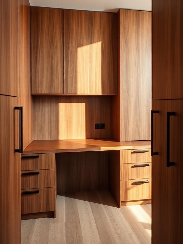 Concept example of a walnut home office wall with an integrated desk and open shelving