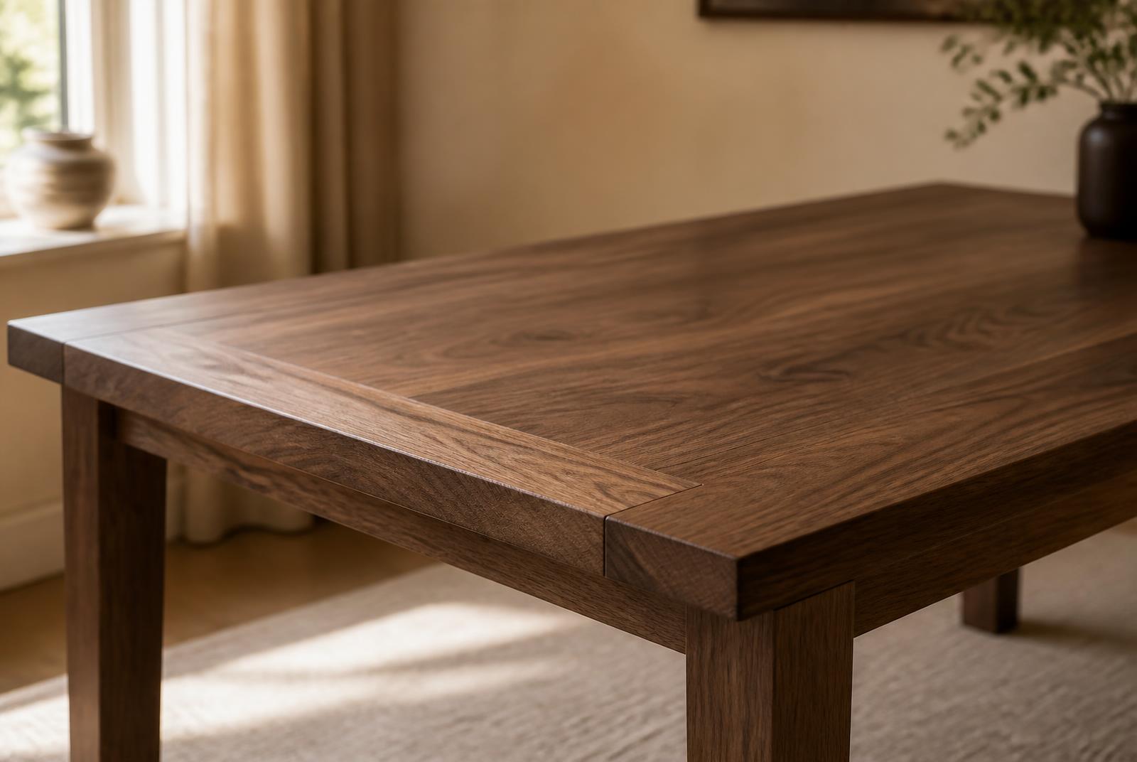 Solid walnut dining table with visible joinery in a warm interior