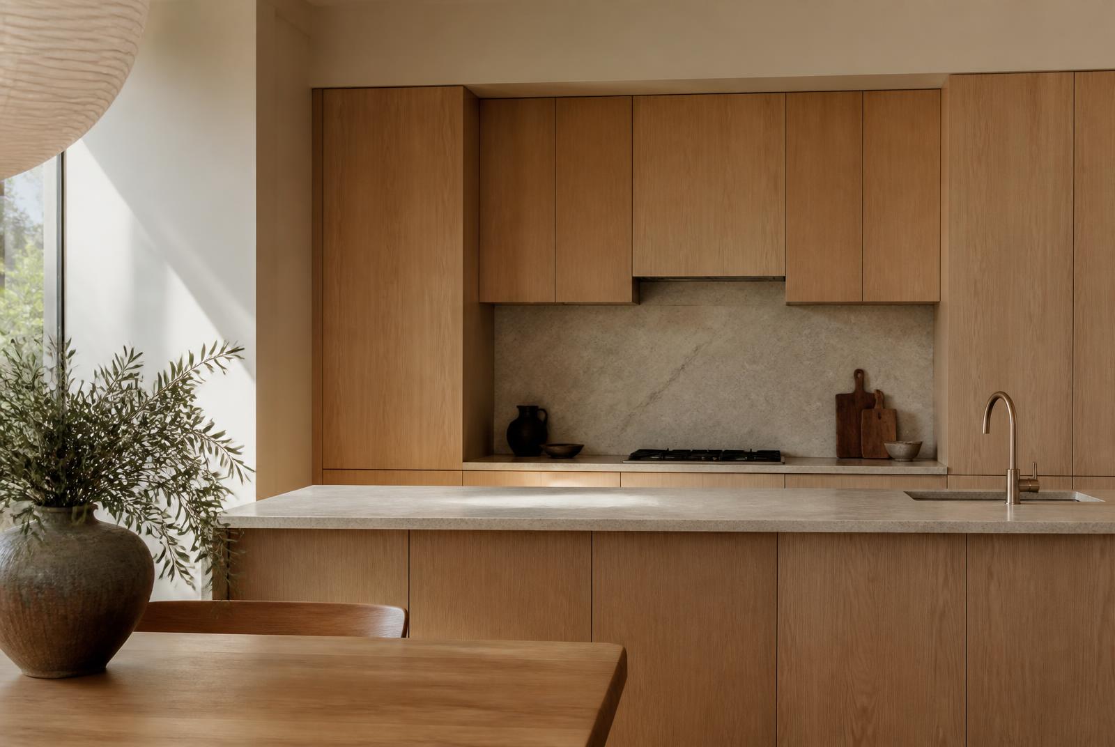 Warm rift white oak kitchen cabinetry with slab fronts and a honed stone counter