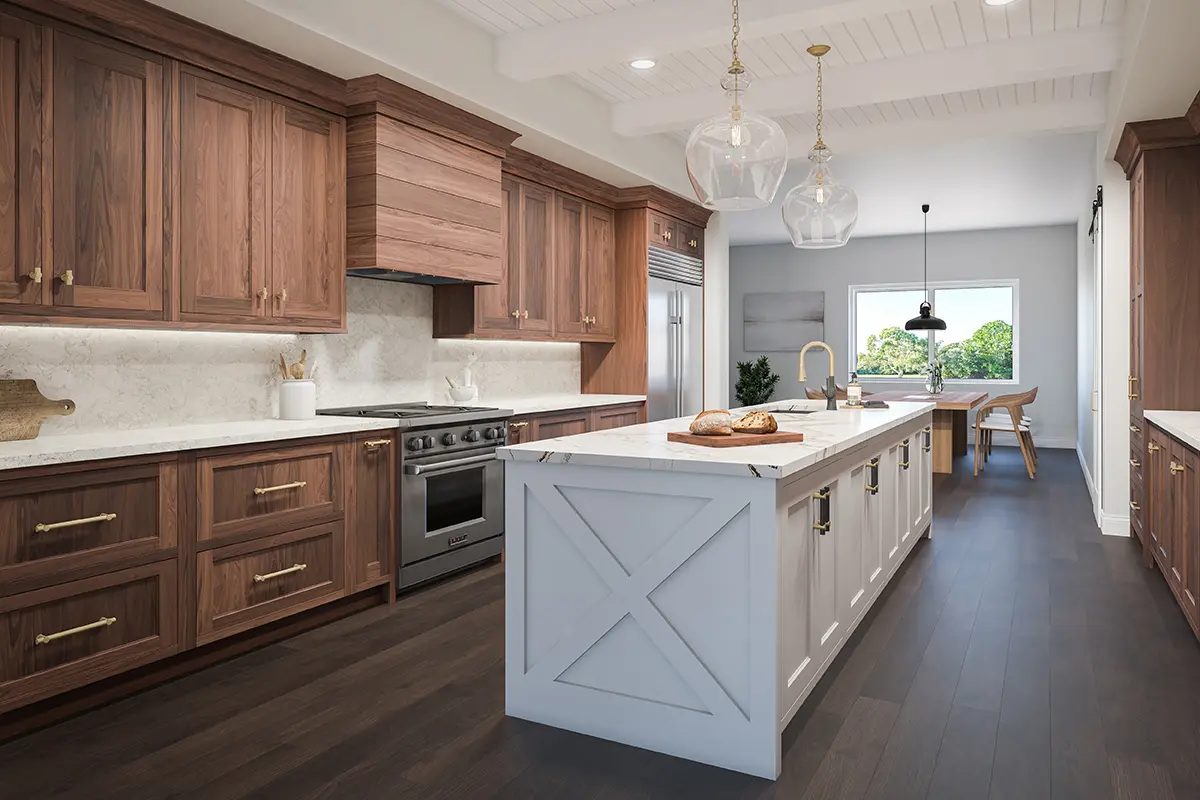 Finished walnut inset cabinetry with aligned doors, drawers, and a white island